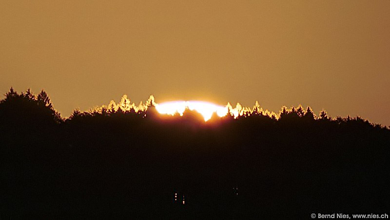 Glühende Baumwipfel) Die Sonne geht hinter Bäumen am Horizont unter und bringt die Wipfel zum glühen. Aufgenommen, durch ein Linsenteleskop mit 1m Brennweite — Minolta X-300, Kodak Ektar 125, September 1991