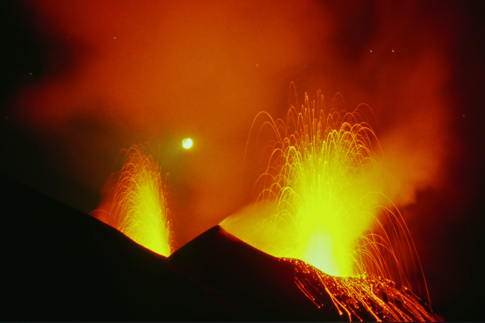 Stromboli Eruption with Moon